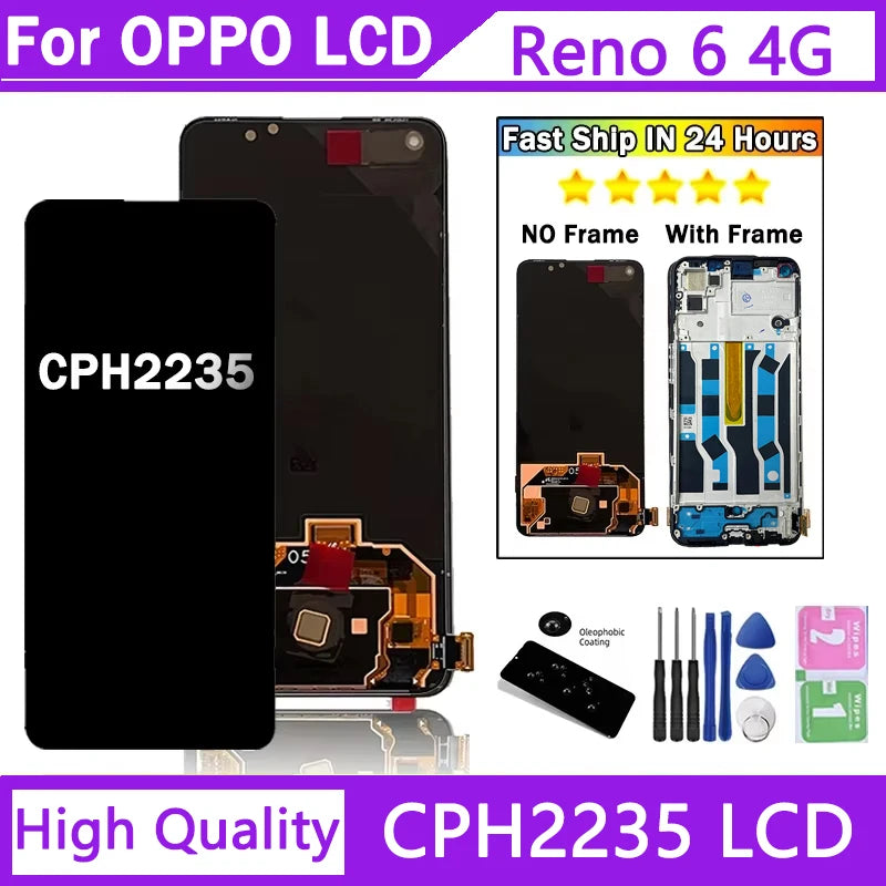 Reno 6 Display Screen For OPPO Reno6 4G LCD CPH2235 Display Touch Panel Digitizer For Oppo Reno 6 5G PEQM00, CPH2251 LCD Frame Oppo phone repair parts Realme phone repair parts