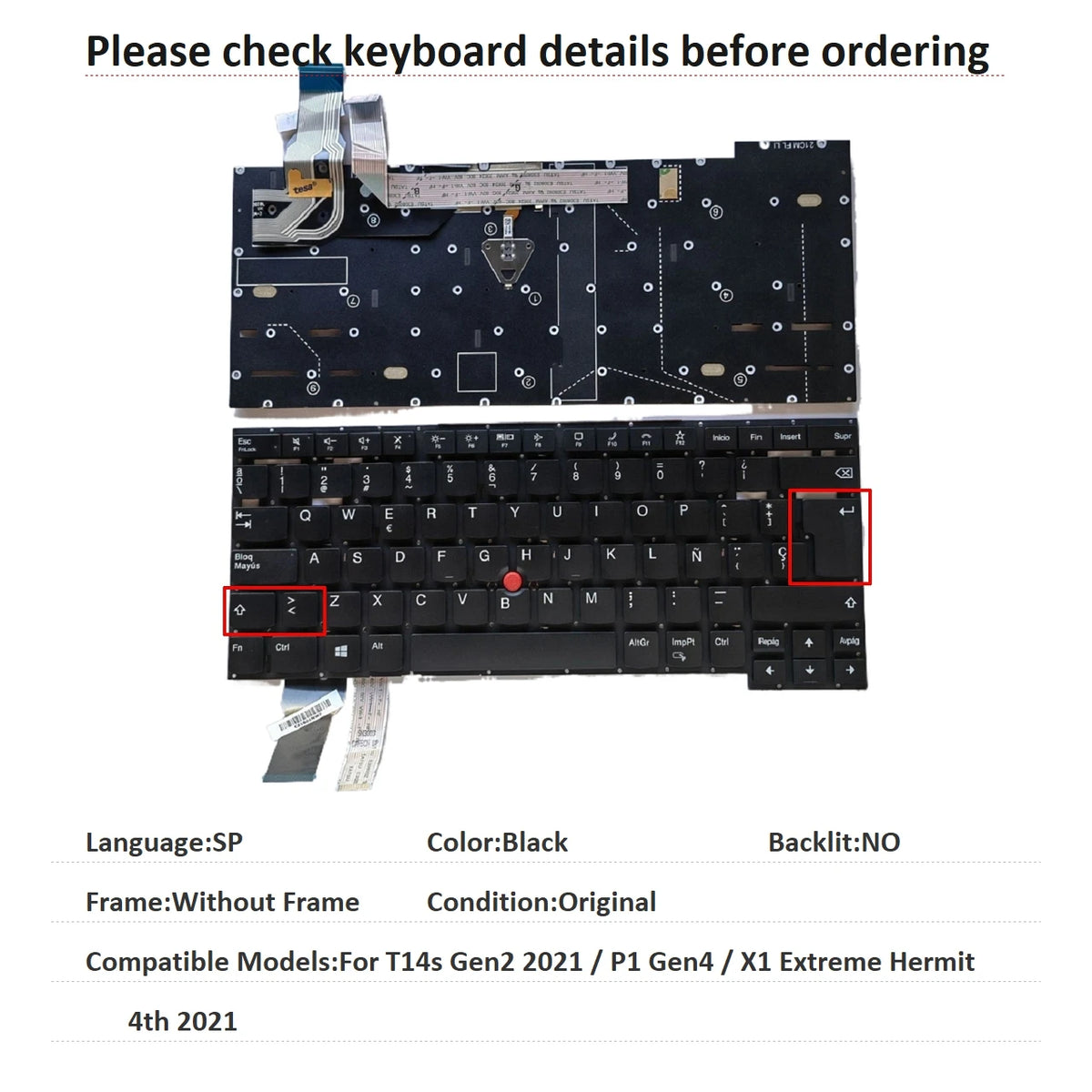 New US Russian Spanish Language  Backlit Keyboard For Lenovo Thinkpad T14s Gen2 2021 / P1 Gen4 / X1 Extreme Hermit 4th 2021 (Is Lenovo laptop repair parts