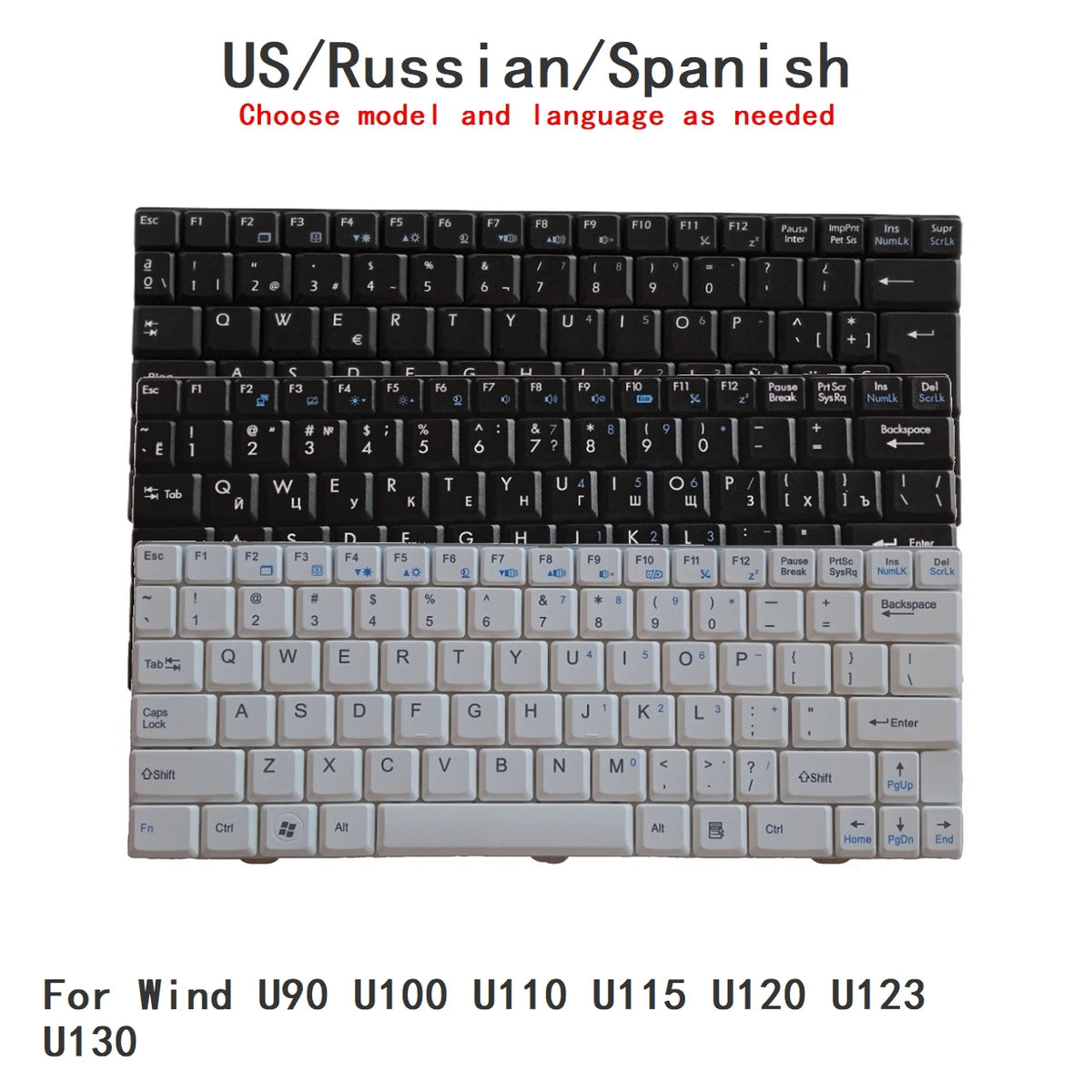New US Russian Spanish Language  Keyboard For MSI Wind U90 U100 U110 U115 U120 U123 U130 Notebook PC Replacement Keyboard MSI laptop repair parts