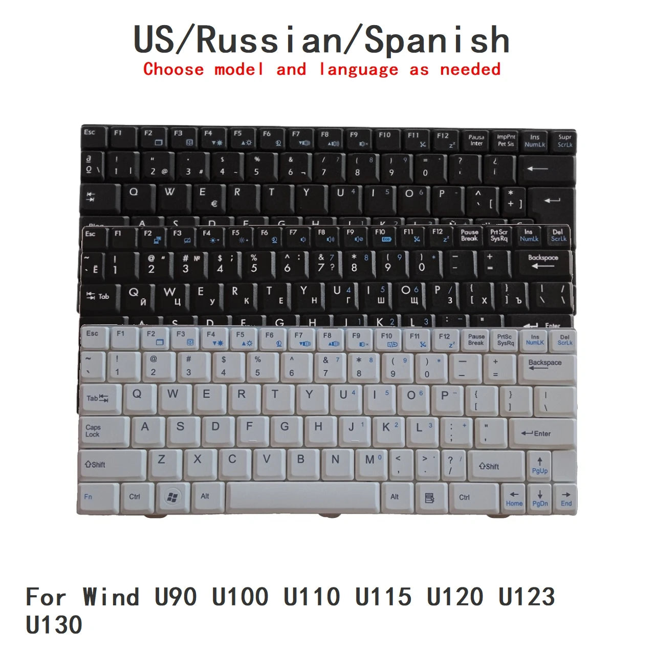 New US Russian Spanish Language  Keyboard For MSI Wind U90 U100 U110 U115 U120 U123 U130 Notebook PC Replacement Keyboard MSI laptop repair parts