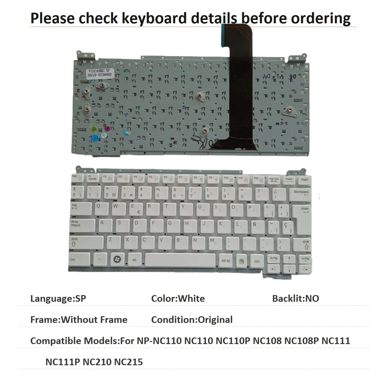 New Spanish Language  Keyboard For Samsung NP-NC110 NC110 NC110P NC108 NC108P NC111 NC111P NC210 NC215 Replacement Keyboard  SAMSUNG laptop repair parts