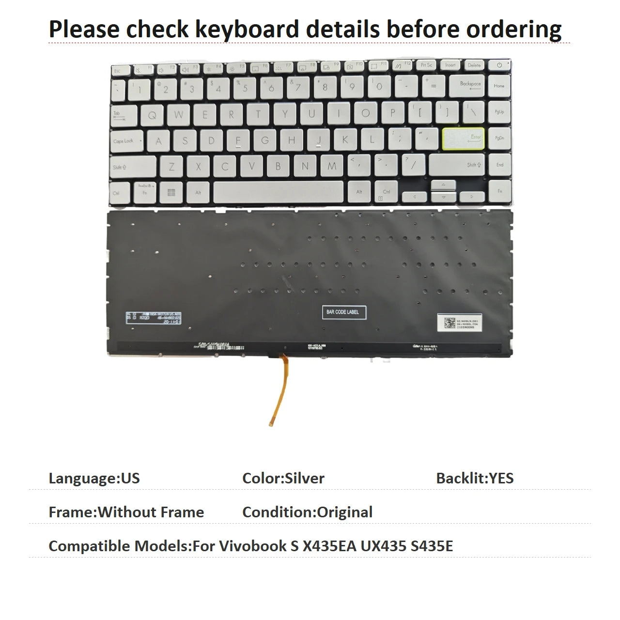 New US Language  Backlit Keyboard For ASUS Vivobook S X435EA UX435 S435E Notebook PC Replacement Keyboard  ASUS laptop repair parts