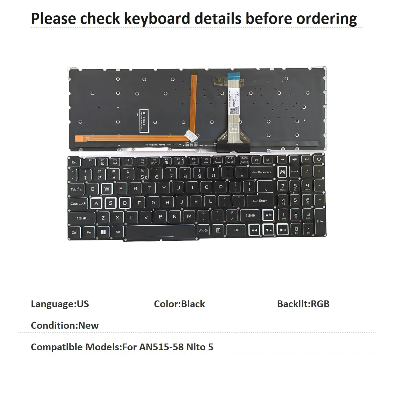New US Language  RGB Keyboard For Acer AN515-58 Nito 5 Notebook PC Replacement Keyboard Acer laptop repair parts