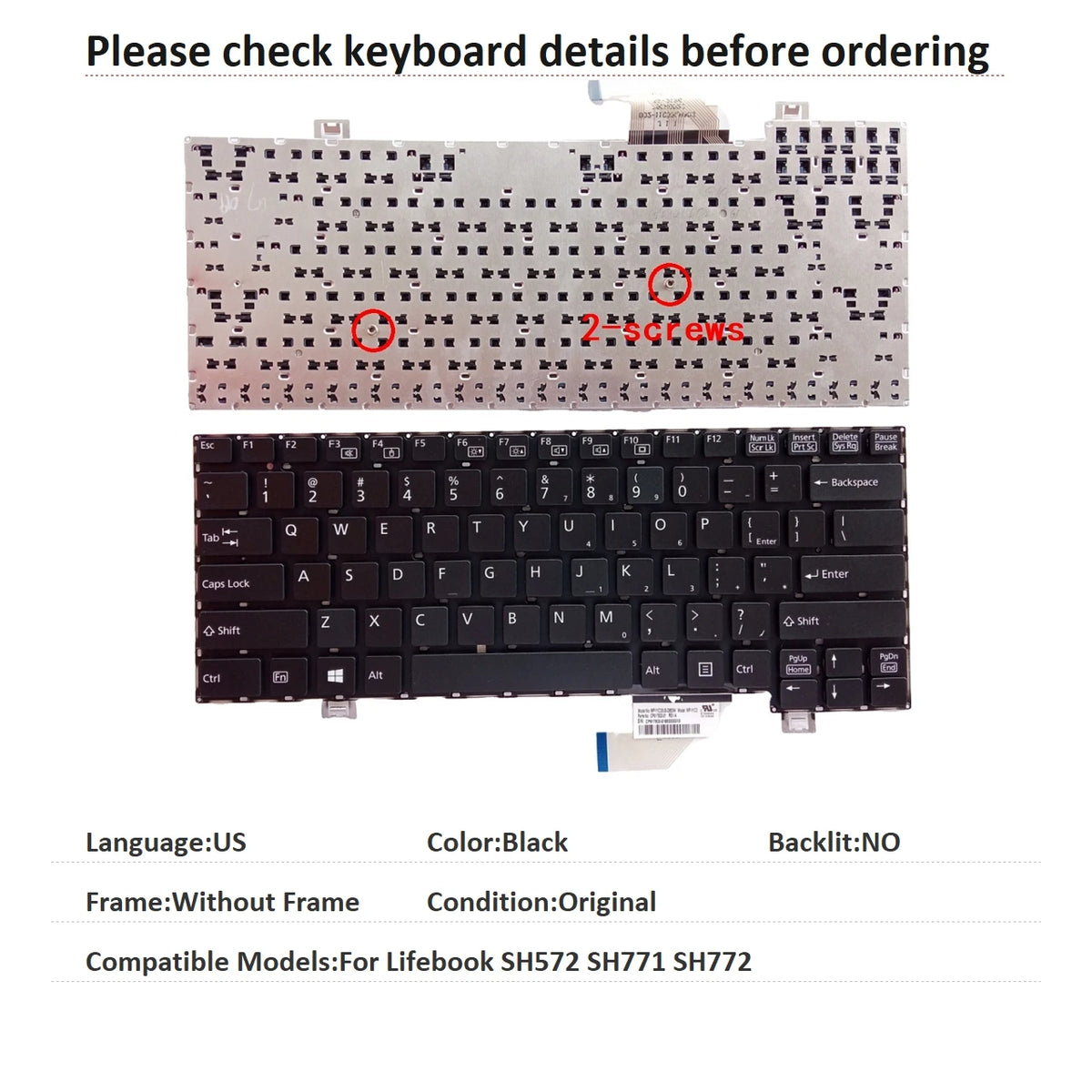 New US Language  Keyboard For Fujitsu Lifebook SH572 SH771 SH772 Notebook PC Replacement Keyboard 2-screws