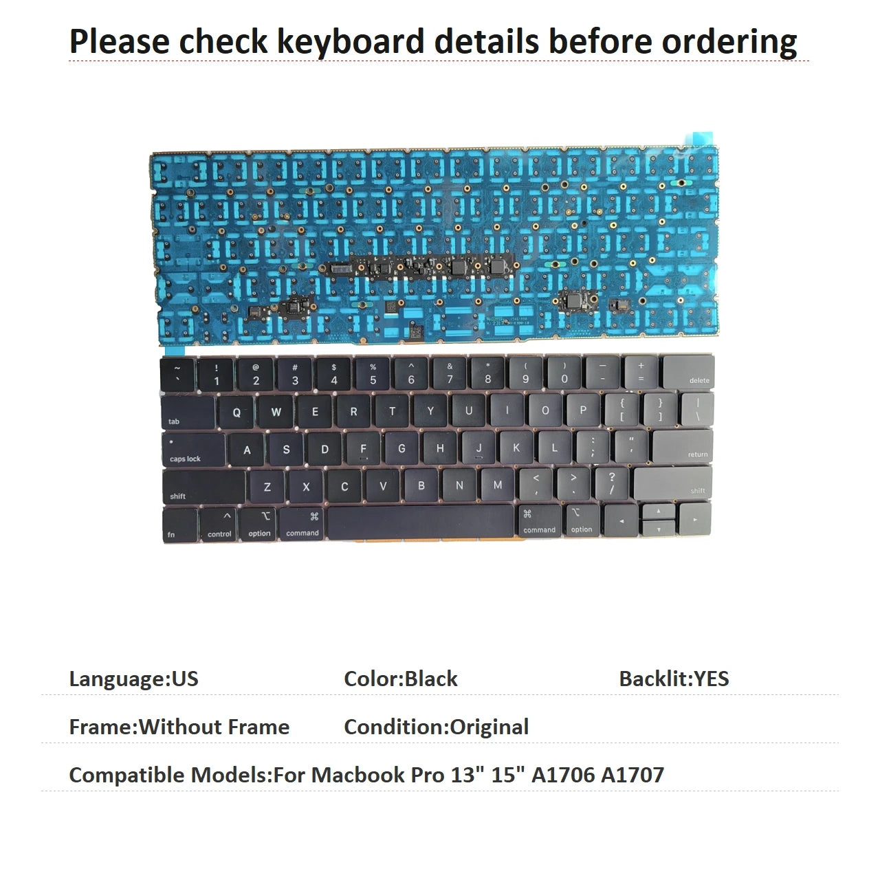 New US UK Language  Backlit Keyboard For Apple Macbook Pro 13" 15" A1706 A1707 Notebook PC Replacement Keyboard MACBOOK laptop repair parts
