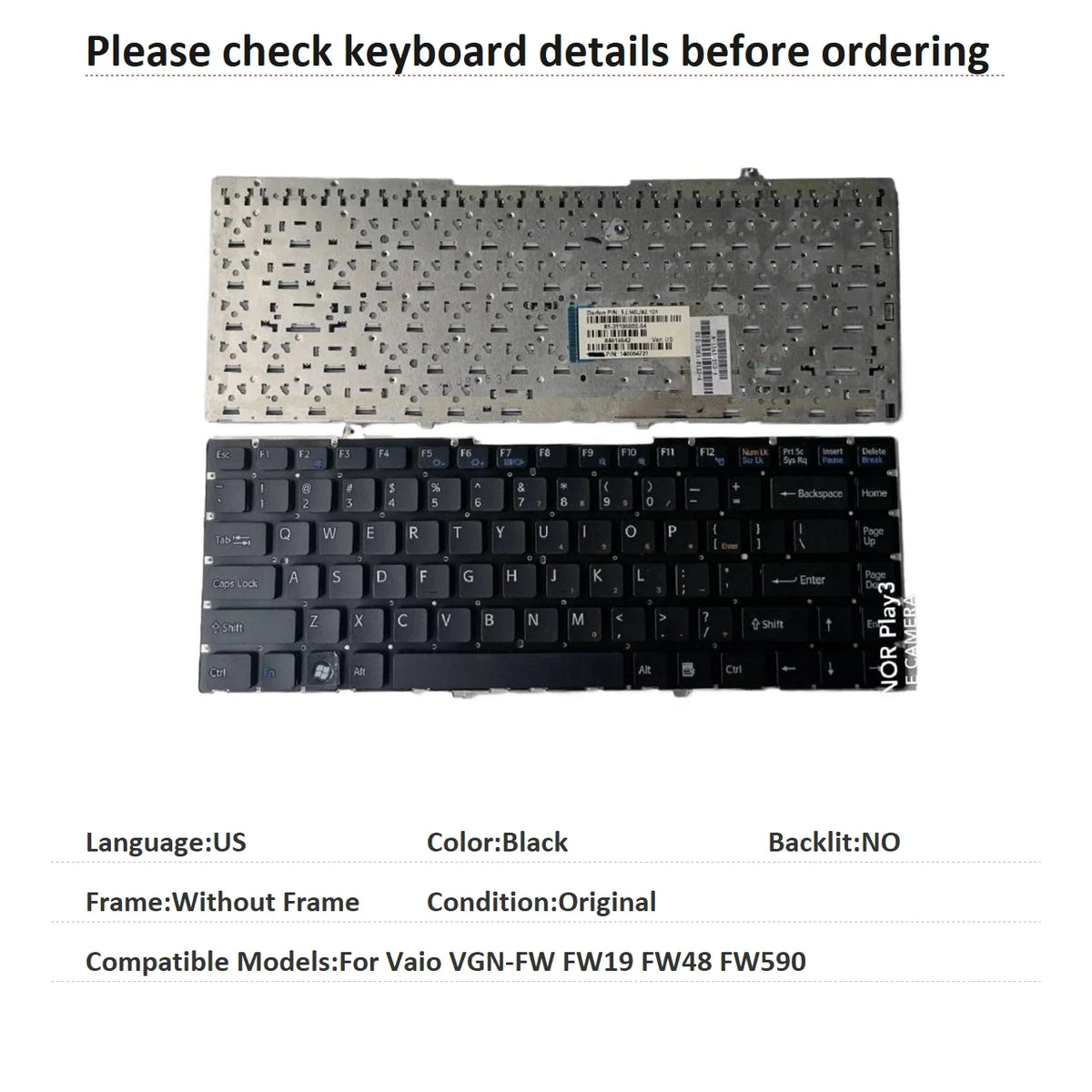 New US Language  Keyboard For Sony Vaio VGN-FW FW19 FW48 FW590 Notebook PC Replacement Keyboard 9j.n0u82.101 81-31105002-04 SONY   laptop repair parts