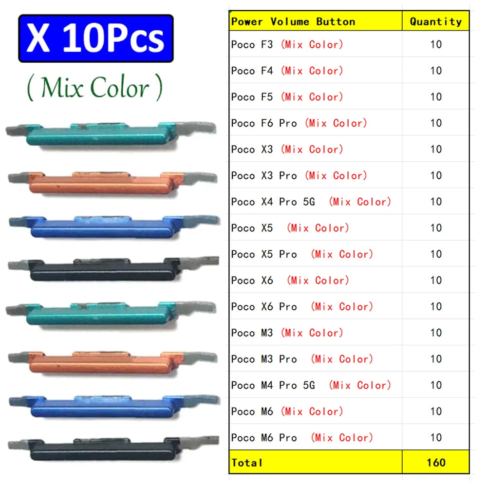 10Pcs,  New For Xiaomi Poco F3 F4 F5 F6 X3 X4 X5 X6 M3 M4 M6 Pro 4G 5G Power Button Volume Side Button Key  Xiaomi  Xiao mi phone repair parts