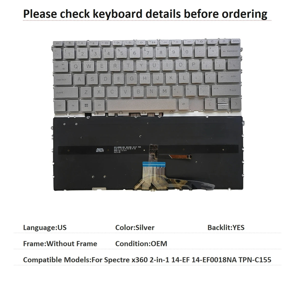 New US Language  Backlit Keyboard For HP Spectre x360 2-in-1 14-EF 14-EF0018NA TPN-C155 Notebook PC Replacement Keyboard  HP laptop repair parts