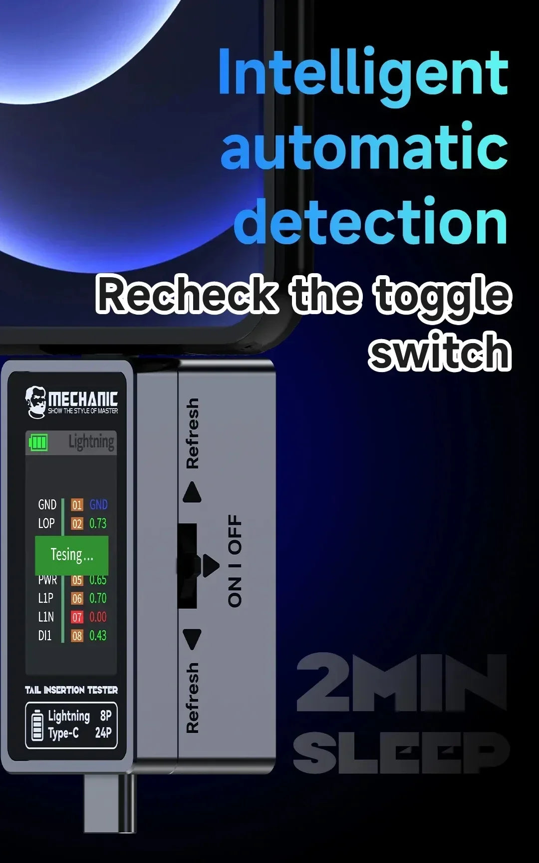 Mechanic T-824 No Disassembly Required Mobile Phone Tail Insertion Detector Digital Display Current Power Check Independent Pin Professional Repair Tools