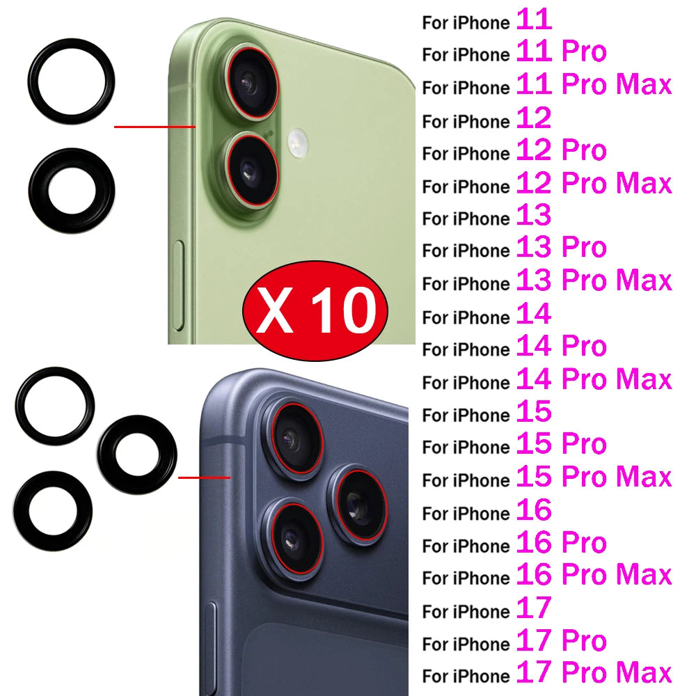 10Pcs, Camera Glass Lens Back Rear Camera Glass Lens For iPhone 11 12 13 14 15 16 17 Pro Max Plus Mini With Sticker Adhesive iPhone phone repair parts