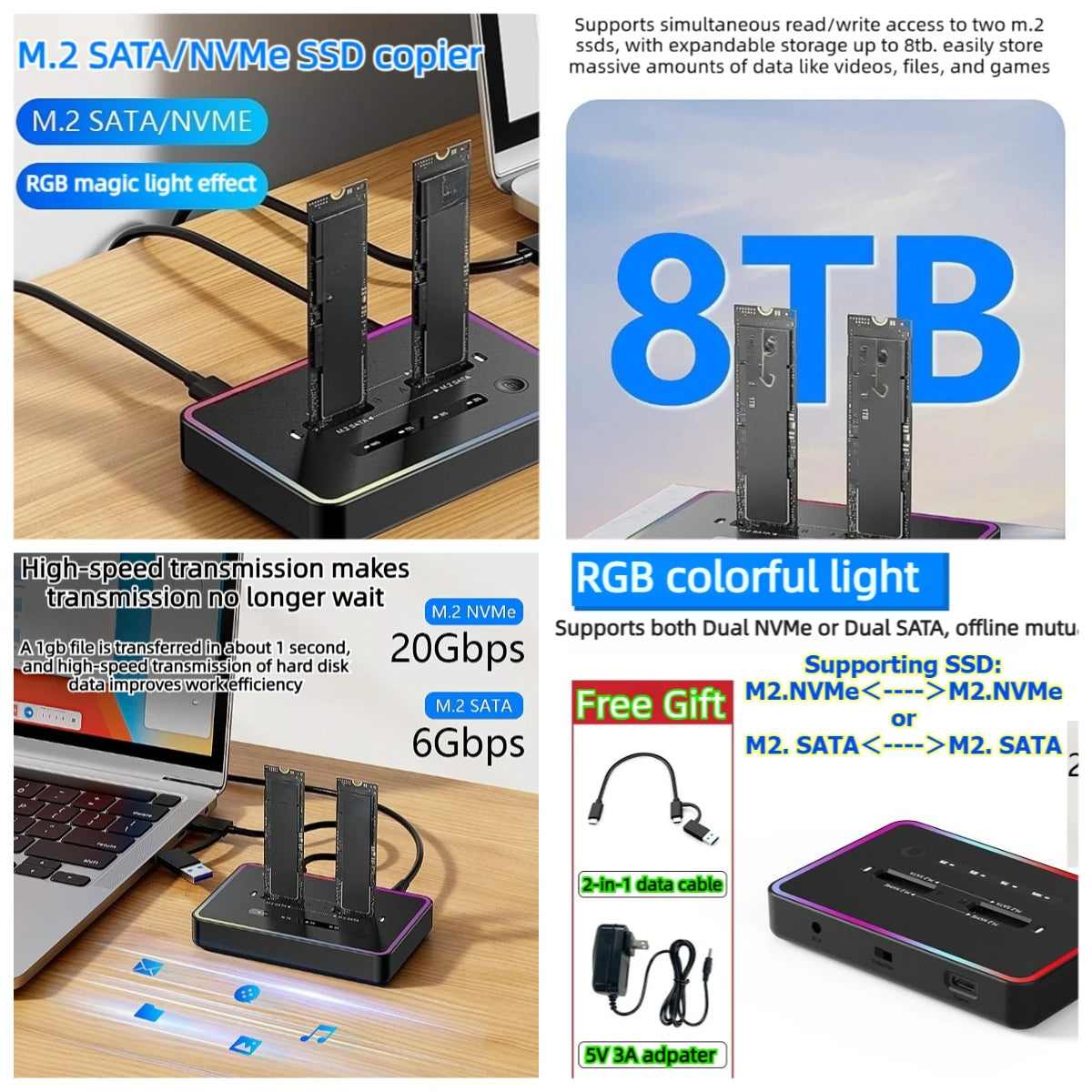 Dual Protocol m.2 ssd case Ssd Docking Station Type C USB 20Gbps offline clone  for PCIe NVME SATA 2 dual bay SSD enclosure Laptop Accessories