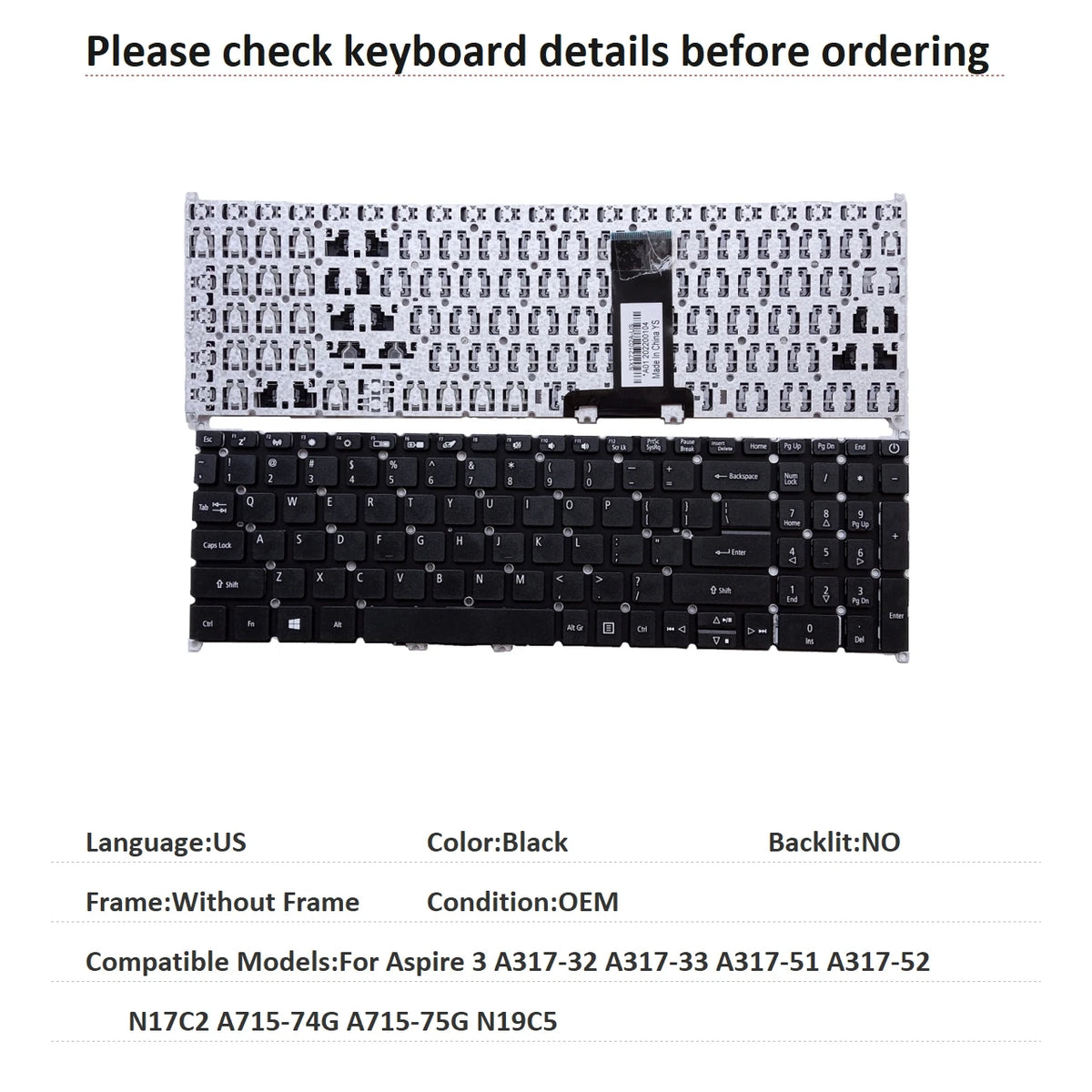 New US Russian Language  Backlit Keyboard For Acer Aspire 3 A317-32 A317-33 A317-51 A317-52 N17C2 A715-74G A715-75G N19C5 ACER laptop repair parts