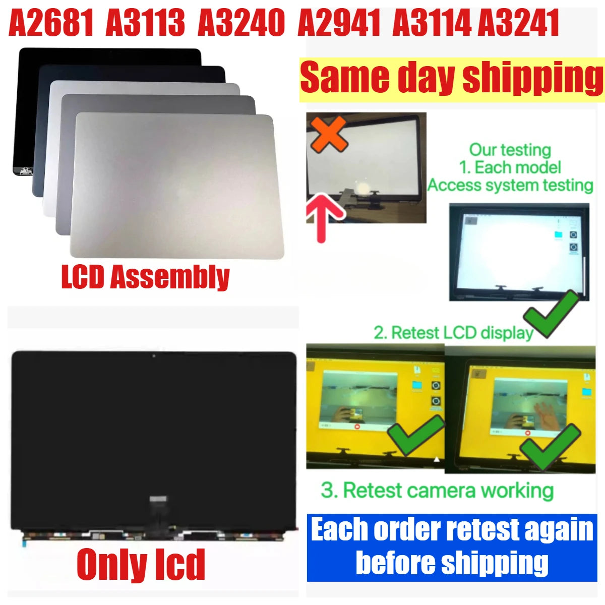 LCD display glass screen panel for Macbook Air 13.6 A2681 A3113 A3240 A2941 A3114 A3241 15.3 M4 LCD Assembly