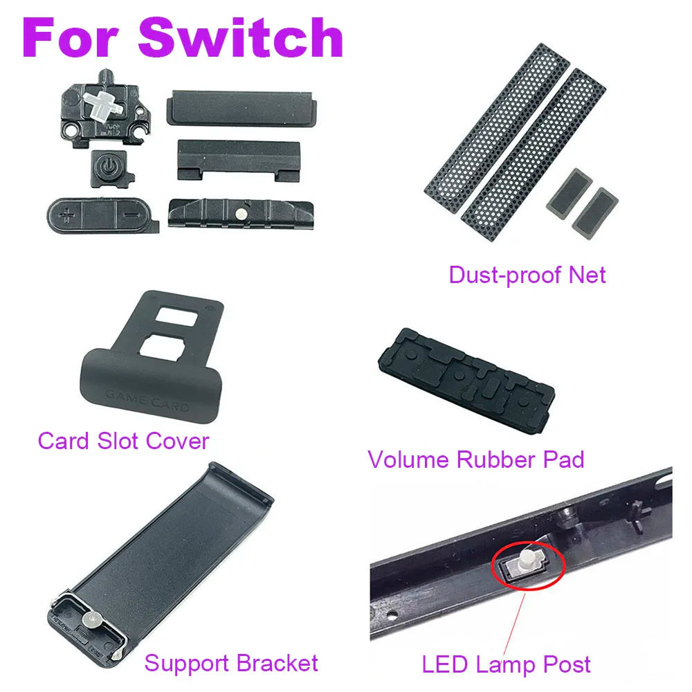 1-3-10pcs For Nintendo Switch Kickstand Game Console Back Support Bracket LED Lamp Post For NS Card Slot Cover Volume Rubber Pad Game console repair parts