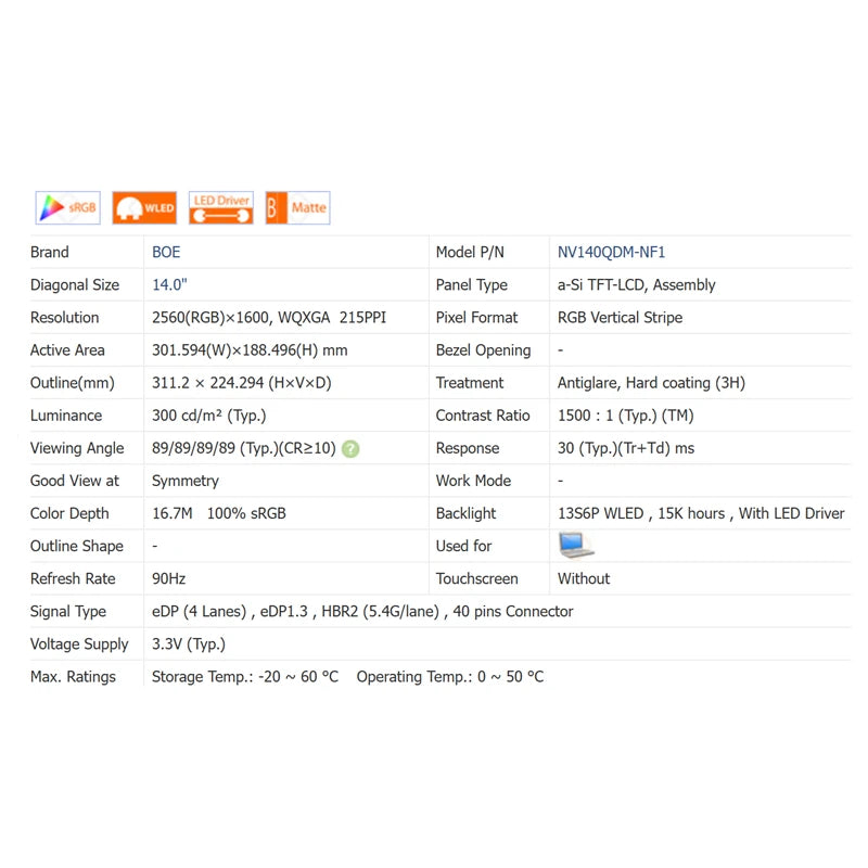New A+ LCD/LED Screen/Display Assembly 14" IPS QHD 2.5K 90hz 2560*1600 For Machenike Machcreator X14 Gen12 Thunderobot T-book 14 NV140QDM-NF1 Machenike Laptop repair parts