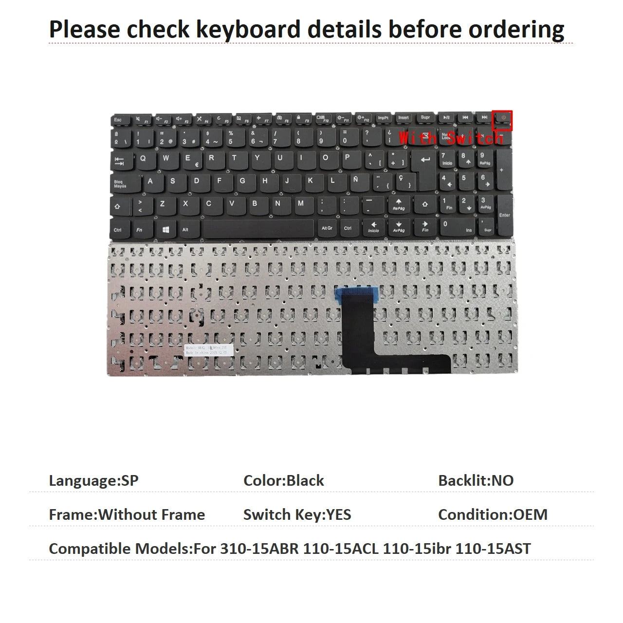New US Russian Spanish Arab Brazil Language  Backlit Keyboard For Lenovo 310-15ABR 110-15ACL 110-15ibr 110-15AST Lenovo laptop repair parts