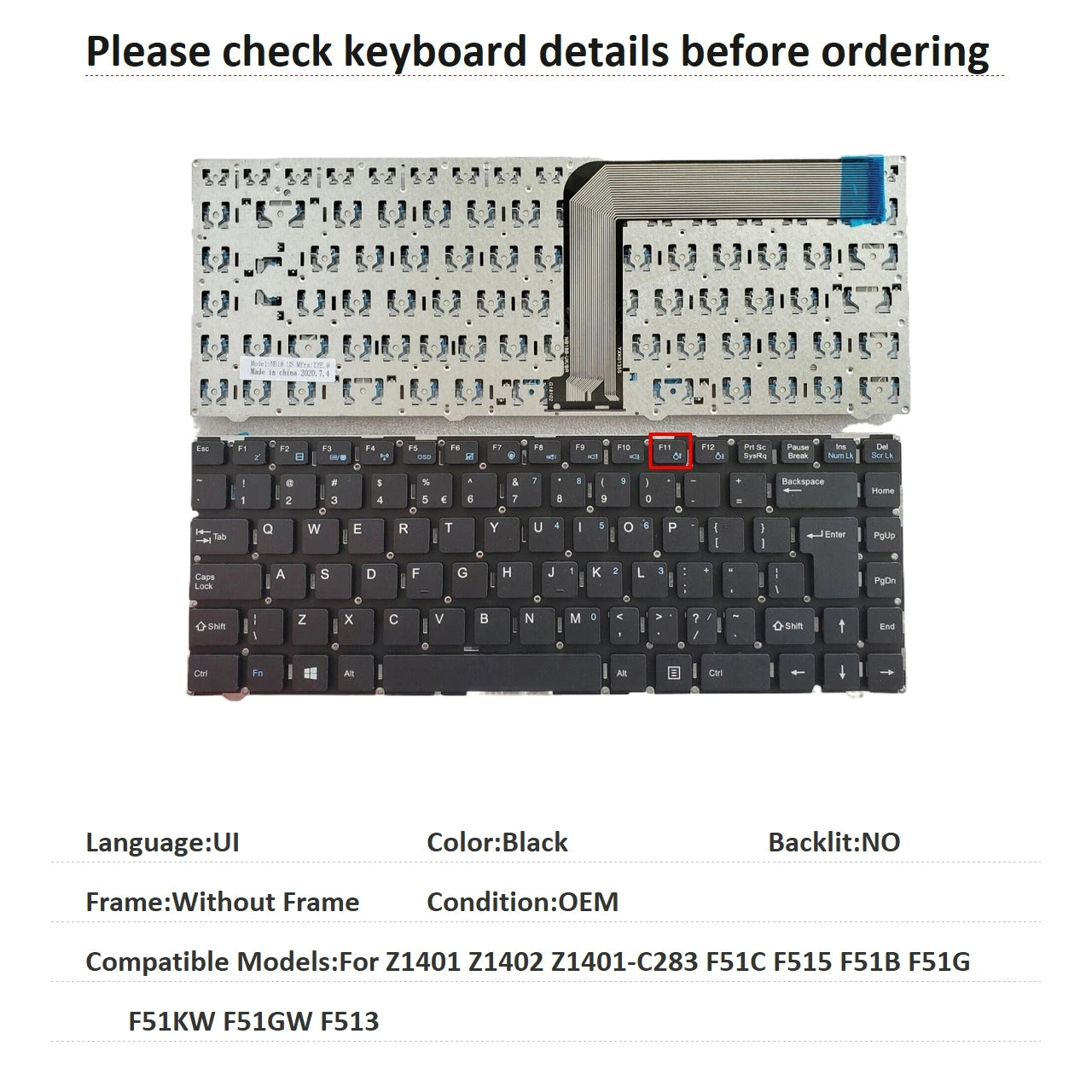 New UI Brazil Language  Keyboard For Acer Z1401 Z1402 Z1401-C283 F51C F515 F51B F51G F51KW F51GW F513 Replacement Keyboard Acer laptop repair parts