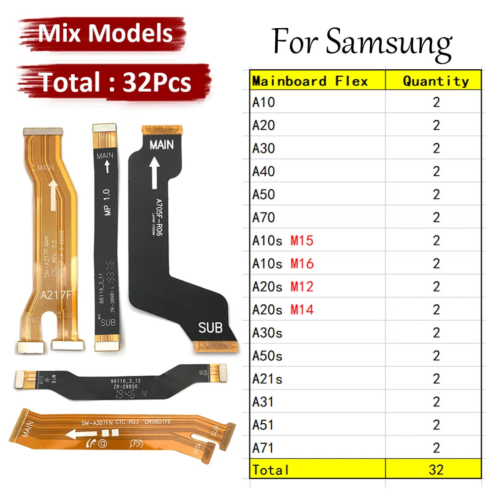 32Pcs Main Board Motherboard Connector Board Flex Cable For Samsung A10 A20 A30 A40 A50 A70 A31 A51 A71 A10s A20s A30s A50s A21s Samsung phone repair parts