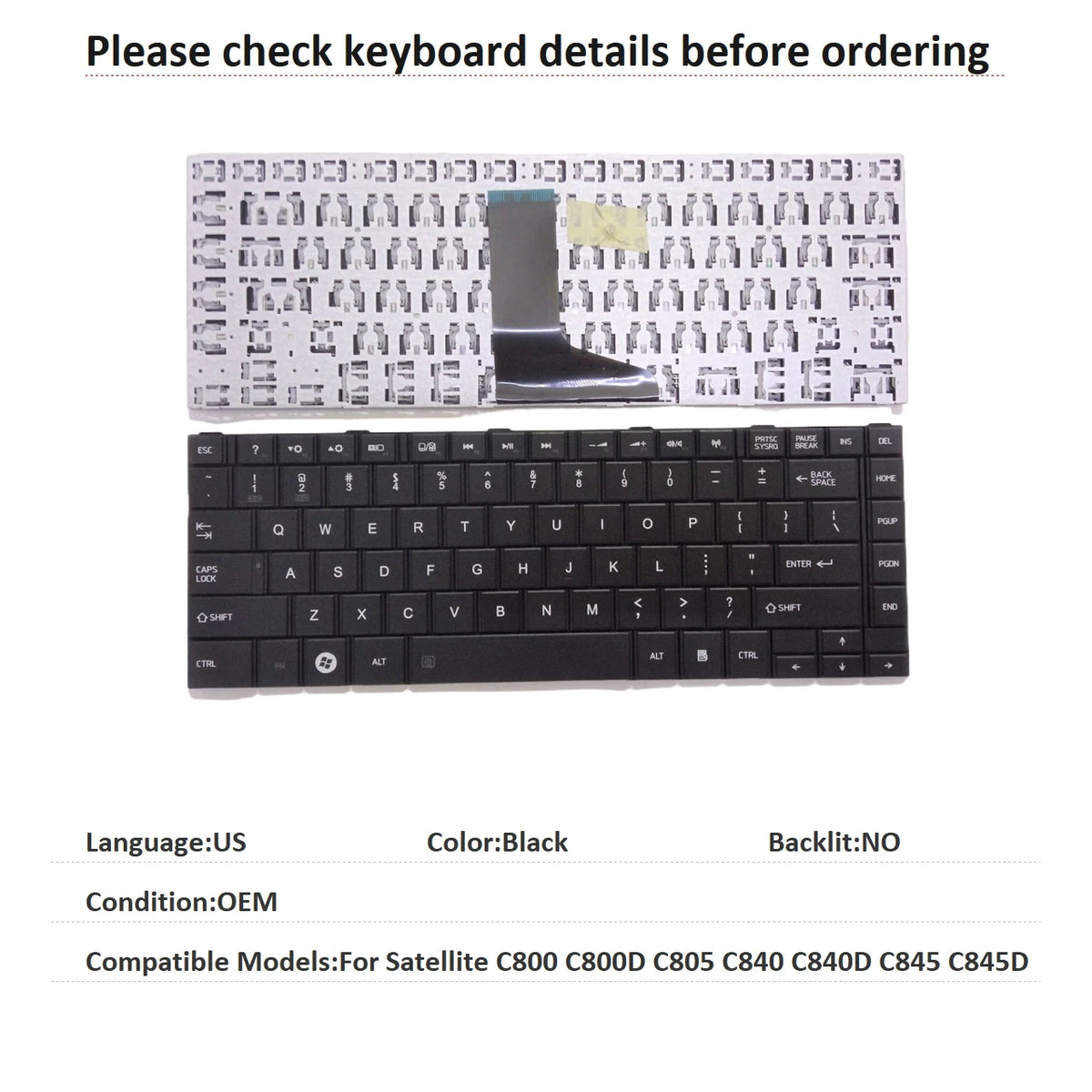 New US Russian Spanish Arab Laptop Keyboard For Toshiba Satellite C800 C800D C805 C840 C840D C845 C845D Notebook PC Replacement