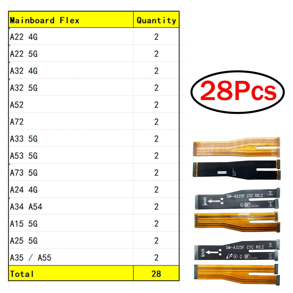 28Pcs Motherboard Connector Main Board Flex Cable For Samsung A22 A32 A52 A72 A33 A53 A73 A24 A34 A54 A15 A25 A35 A55 4G 5G  Samsung phone repair parts