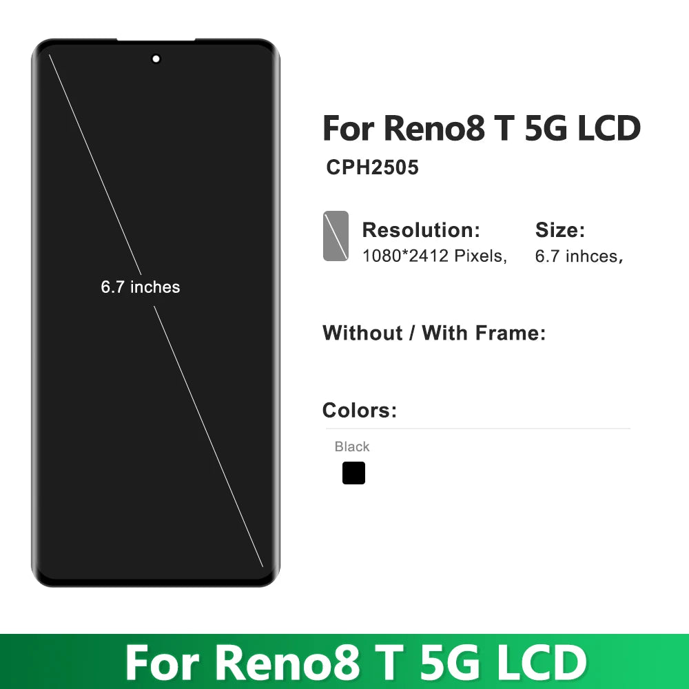 Super Amoled/TFT For Oppo Reno8 T 8T 5G LCD Display Touch Panel Digitizer For Reno8 T 5G CPH2505 LCD With Frame Replacement OPPO phone repair parts