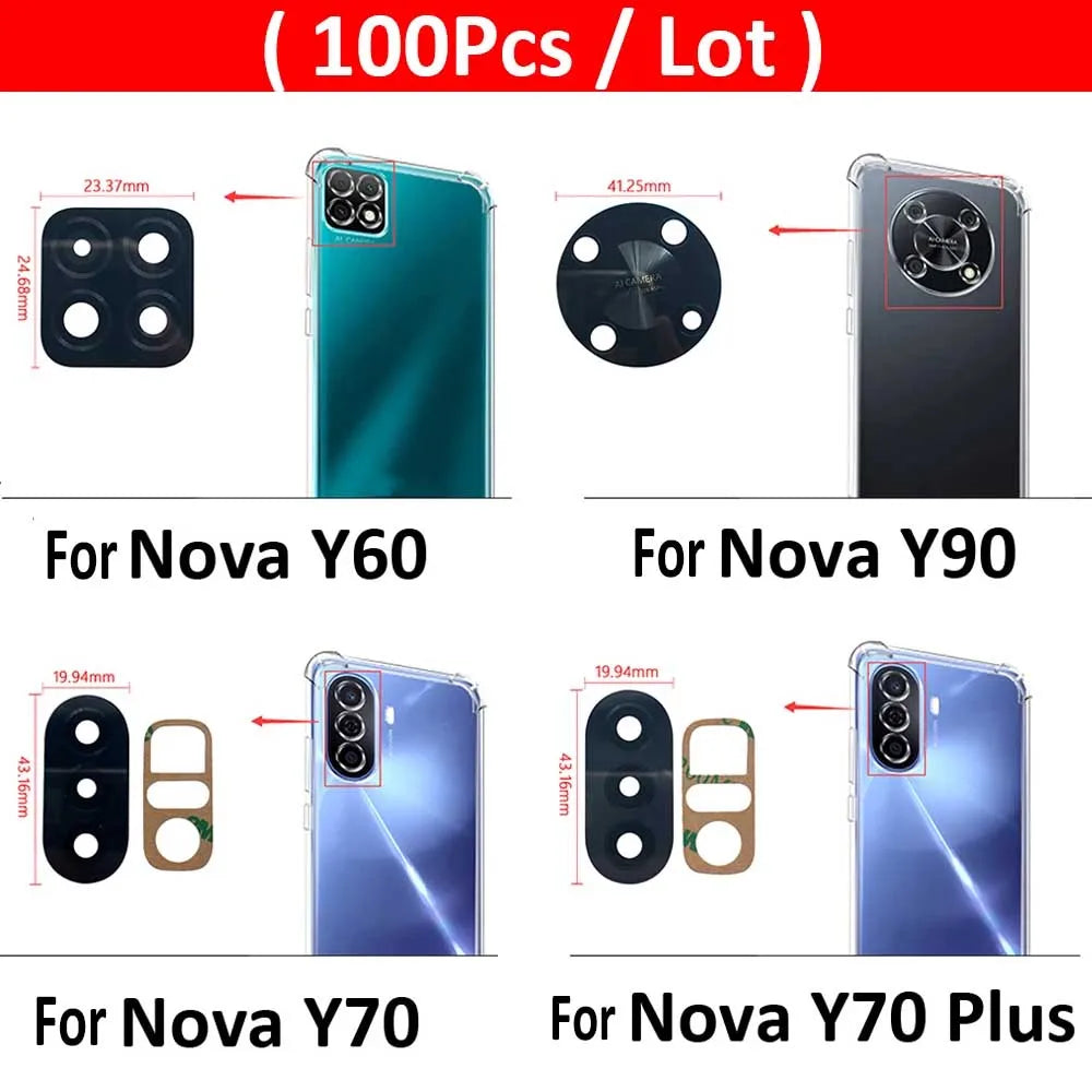 100Pcs，Rear Back Camera Glass Lens For Huawei Nova Y60 Y70 Plus Y90 With Adhesive Huawei phone repair parts