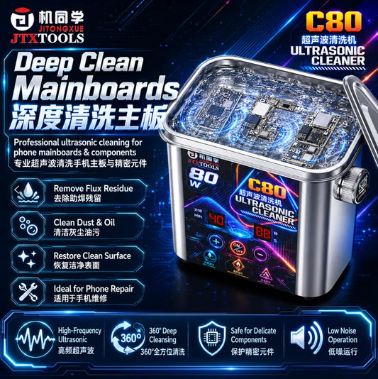 JTXTOOLS C80 1.2L Ultrasonic Cleaning Machine 80W High Frequency with Cleaning Basket for PCB Camera Lens Electronic Parts Professional Repair Tools