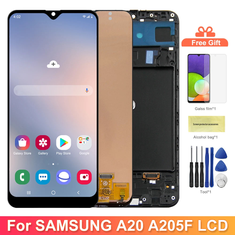 A20 Display Screen With Frame, for Samsung Galaxy A20 A205F/DS A205G/DS Lcd Display Touch Screen Digitizer Assembly Replacement Samsung phone repair parts