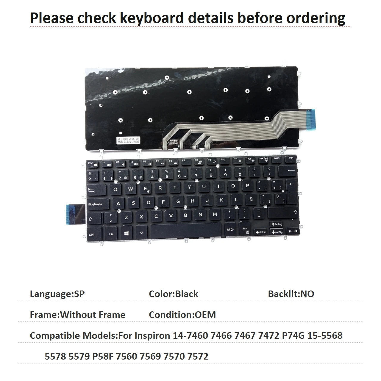 US RU SP BR Backlit Keyboard For Dell Inspiron 14-7460 7466 7467 7472 P74G 15-5568 5578 5579 P58F 7560 7569 7570 7572Dell laptop repair parts
