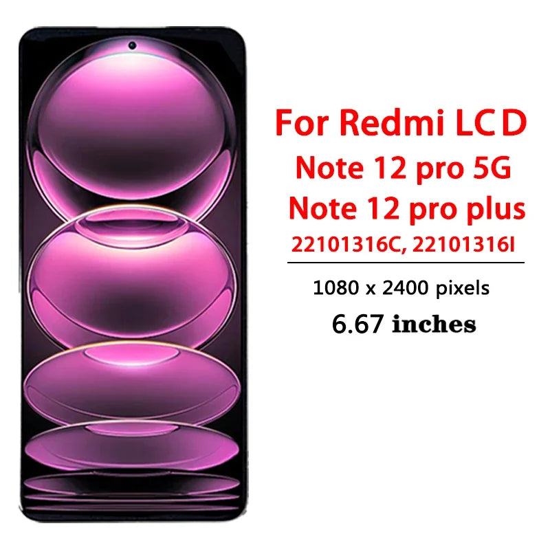 AMOLED For Redmi Note 12 Pro+ 12Pro Plus For Xiaomi Redmi Note 12 Pro 5G 22101316C LCD Display Touch Screen Digitizer Assembly Xiaomi phone repair parts