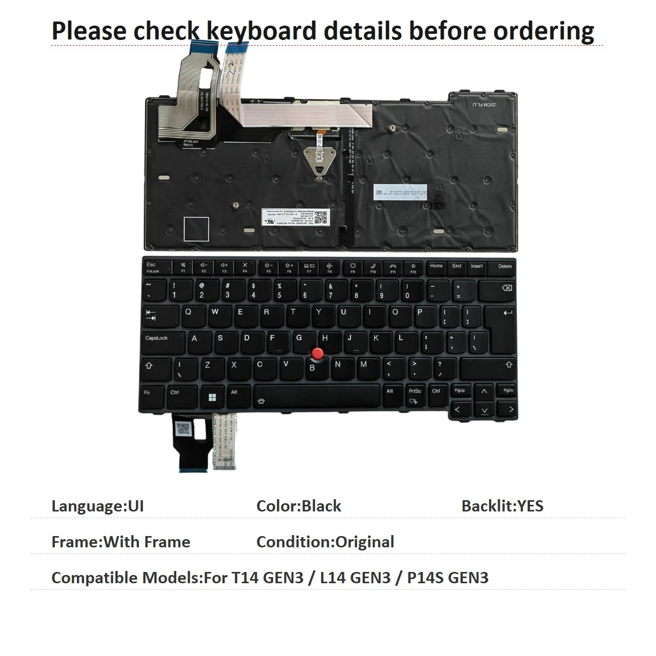 New US UI Spanish Language  Backlit Keyboard For Lenovo Thinkpad T14 GEN3 / L14 GEN3 / P14S GEN3 Replacement Keyboard Lenovo laptop repair parts