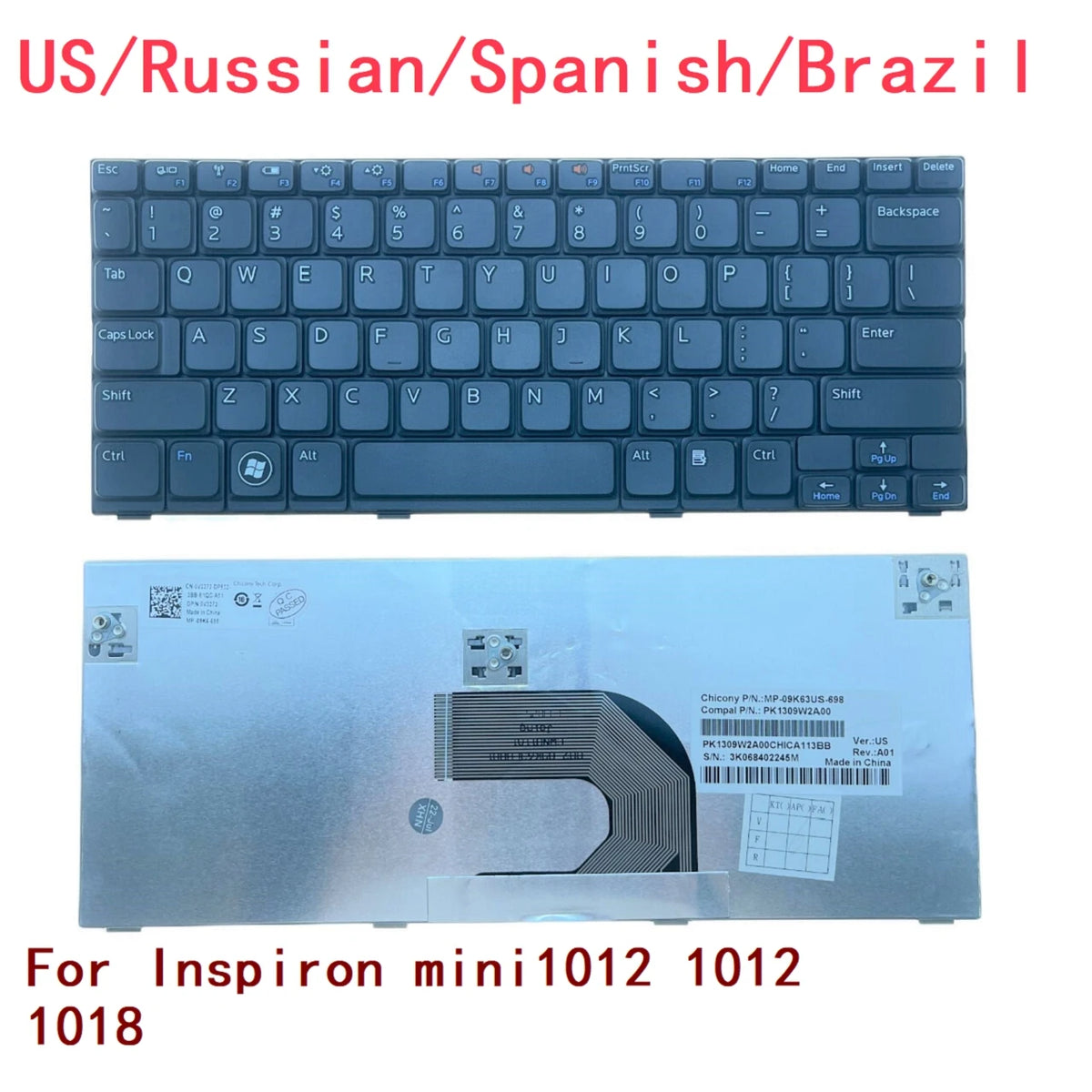 New US Russian Spanish Brazil Laptop Keyboard For Dell Inspiron mini1012 1012 1018 Notebook PC ReplacementDell laptop repair parts