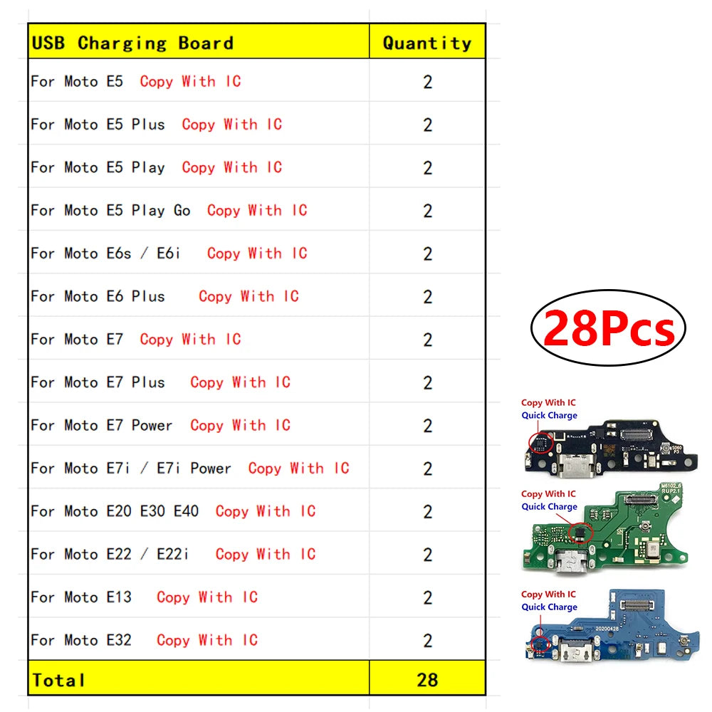 28Pcs, USB Charging Board Port Dock Charger Connector Flex Cable For Moto E5 E6 E6s E7i E7 Plus Power Play E20 E30 E32 E22 E13 Motorola phone repair parts