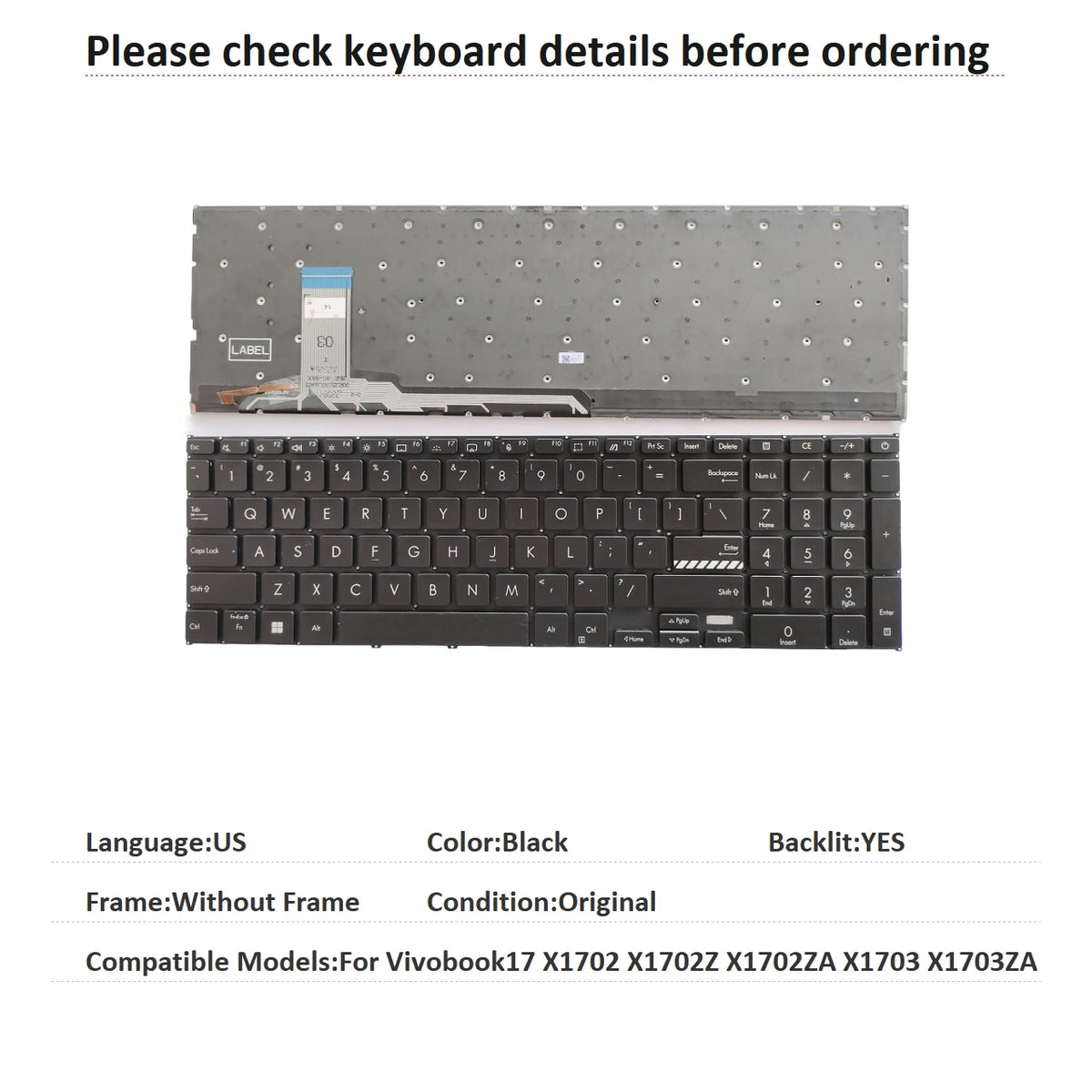 New US UK Language  Backlit Keyboard For ASUS Vivobook17 X1702 X1702Z X1702ZA X1703 X1703ZA Notebook PC Replacement Keyboard ASUS laptop repair parts