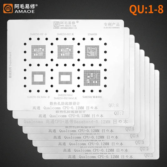 Amaoe QU1 QU2 QU3 QU4 QU5 QU6 QU7 QU8 BGA Reballing Stencil Kit for Qualcomm Series CPU RAM SM8250/SDM439/SM8350 888 Steel Mesh Professional Repair Tools