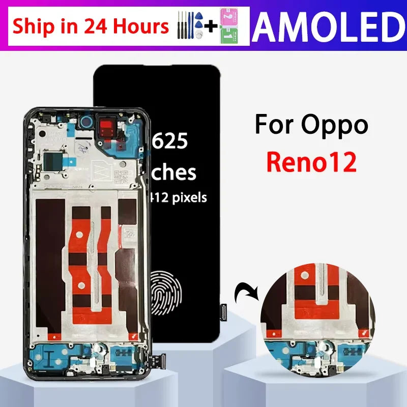 6.7 Inch For Oppo Reno 12 5G Display Touch Screen Digitizer Panel Assembly Reno12 5G Lcd CPH2625 Screen With Frame  Oppo phone repair parts