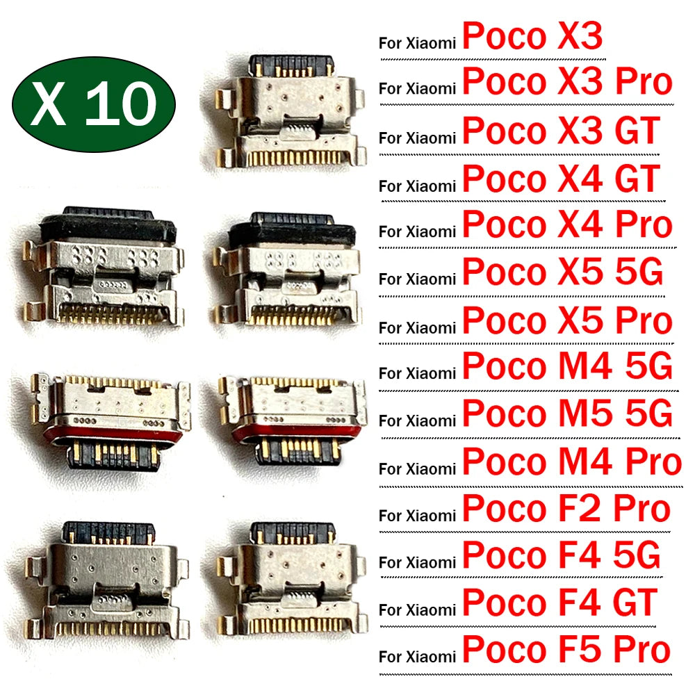 10Pcs, Micro USB Jack Charging Socket Charger Port Plug Dock Connector For Xiaomi Poco X3 X4 X5 M4 M5 F2 F4 F5 Pro GT 4G 5G  Xiaomi  Xiao mi phone repair parts