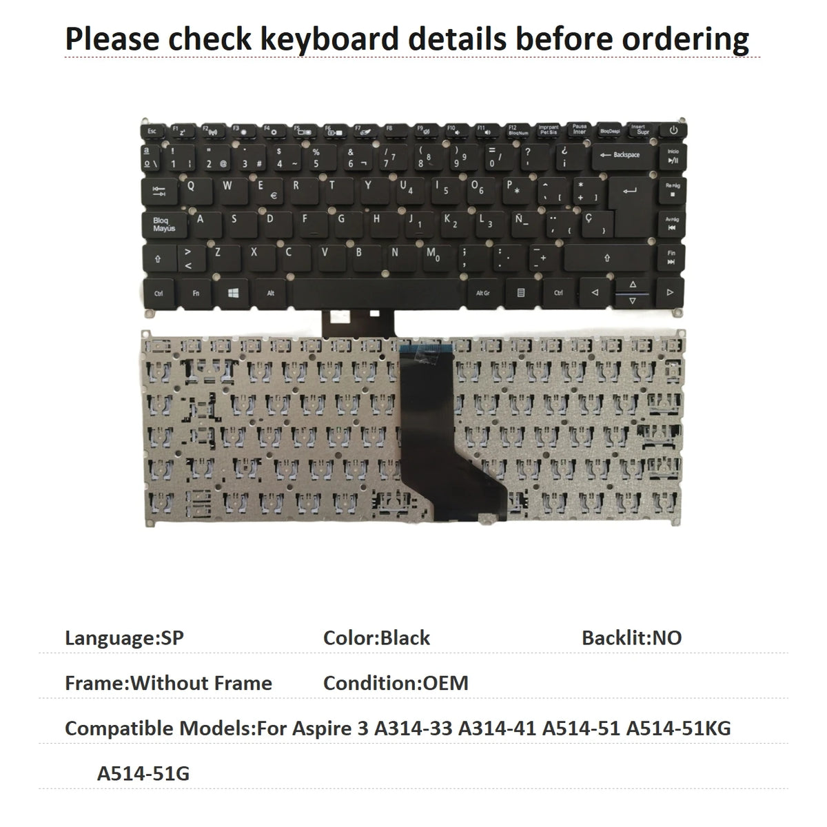 New US Spanish Language  Keyboard For Acer Aspire 3 A314-33 A314-41 A514-51 A514-51KG A514-51G Notebook PC Replacement Keyboard Acer laptop repair parts