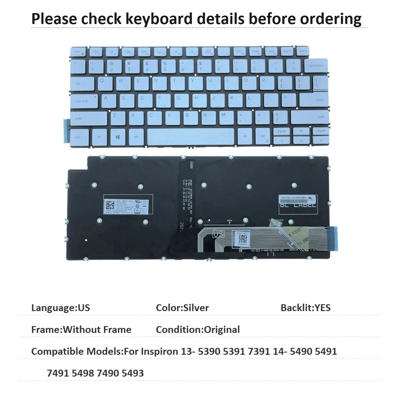 New US Russian Spanish Brazil Language  Backlit Keyboard For Dell Inspiron 13- 5390 5391 7391 14- 5490 5491 7491 5498 7490 5493Dell laptop repair parts