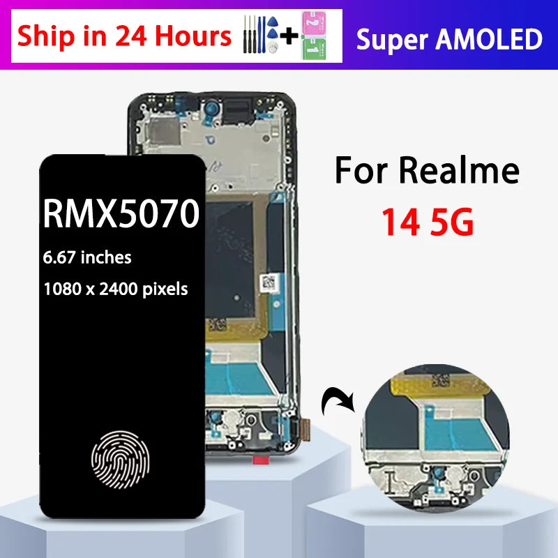 6.67“Super AMOLED for Realme 14 5G RMX5070 LCD Display Touch Screen with Frame Assembly For Realme14 5G Display  Oppo phone repair parts