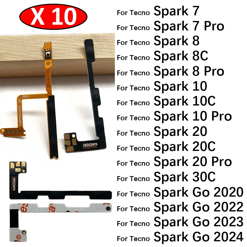 10Pcs, Power On Off Volume Key Button Flex Cable For Infinix Tecno Spark 7 8 8C 10 10C 20 20C 30C Pro Go 2020 2022 2023 2024  infinix phone repair parts