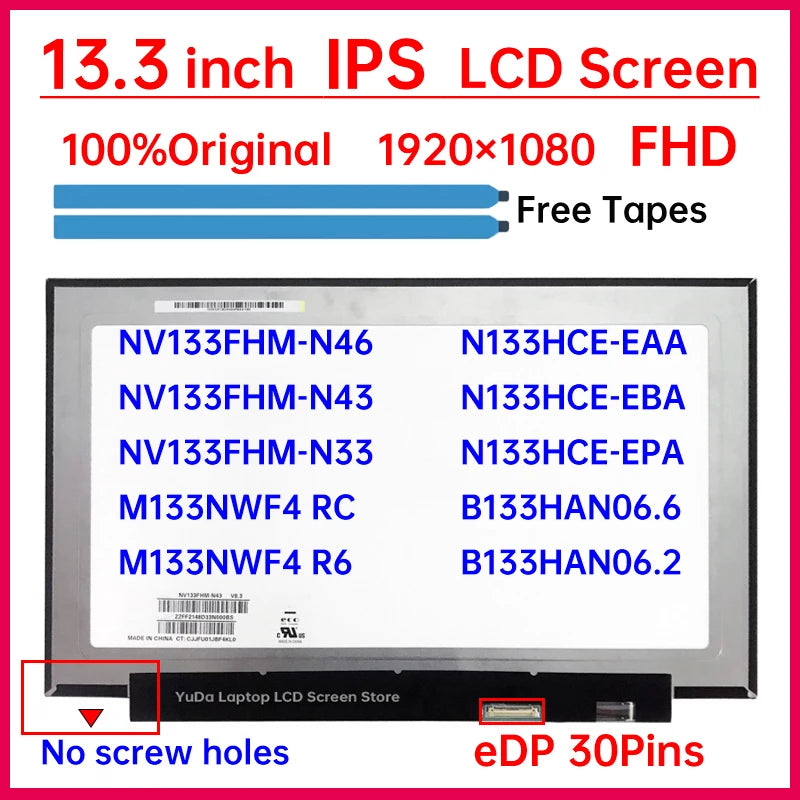 13.3" LCD Screen NV133FHM-N46 N43 N33 N133HCE-EAA EBA EPA B133HAN06.6 06.2 M133NWF4 RC Display Matrix Panel Replacement No-Touch Laptop screen replacement