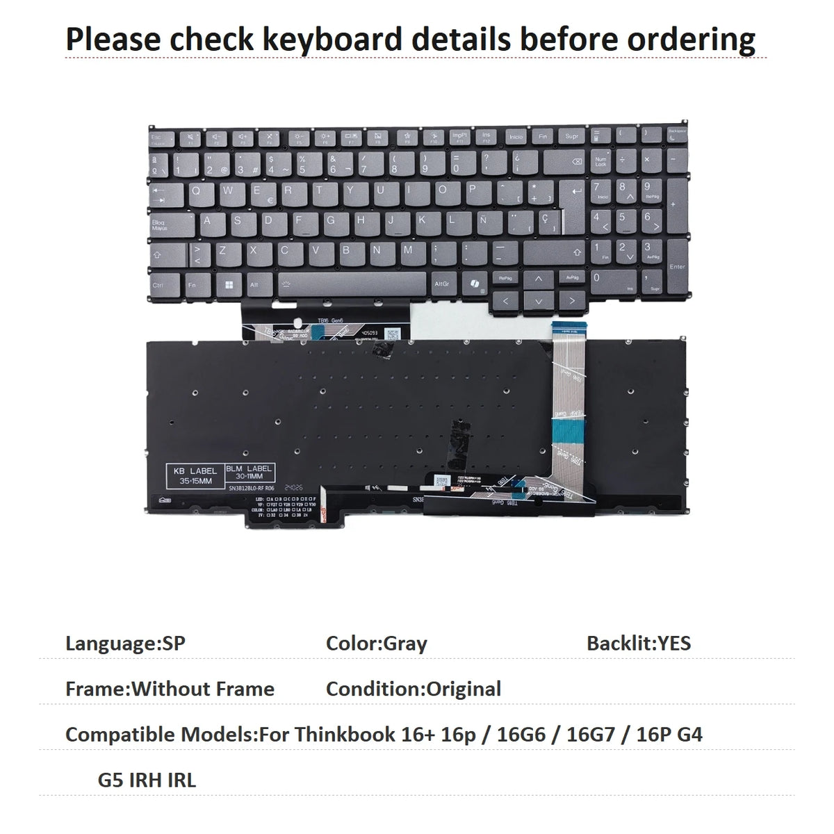 New US Spanish Latin Language  Backlit Keyboard For Lenovo Thinkbook 16+ 16p / 16G6 / 16G7 / 16P G4 G5 IRH IRL Lenovo laptop repair parts
