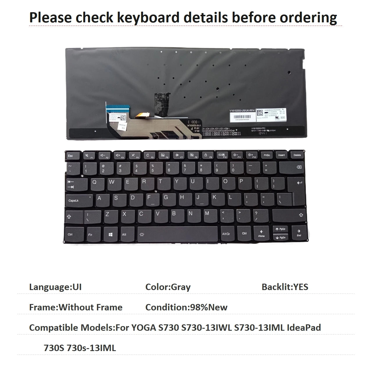 New US UI Spanish Language  Backlit Keyboard For Lenovo YOGA S730 S730-13IWL S730-13IML IdeaPad 730S 730s-13IML Lenovo laptop repair parts