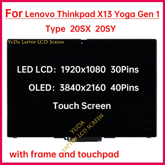 13.3 Inch Touch Screen For Lenovo ThinkPad X13 Yoga Gen 1 Type 20SX 20SY LCD Display Digitizer + With Frame Assembly Replacement Lenovo laptop repair parts