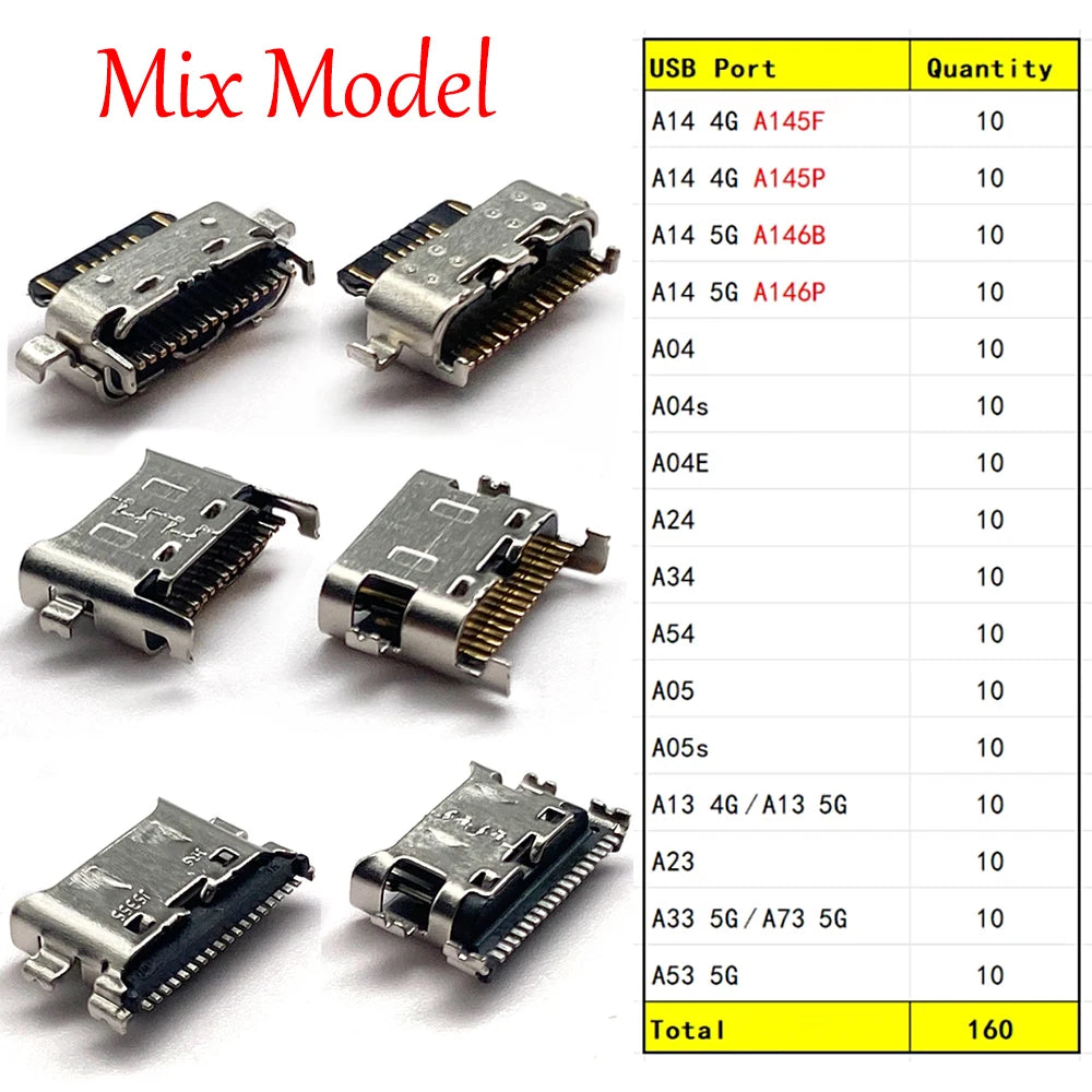 100Pcs,  Micro USB Connector Charging Port Jack Plug For Samsung A14 A04 A04s A04E A24 A34 A54 A05 A05s A13 A23 A33 A53 4G 5G Samsung phone repair parts