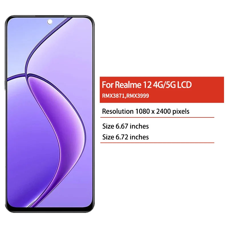 AMOLED For OPPO Realme 12 5G RMX3999 LCD Display Touch Screen Digitizer For Realme12 4G RMX3871 Display Frame  Oppo phone repair parts