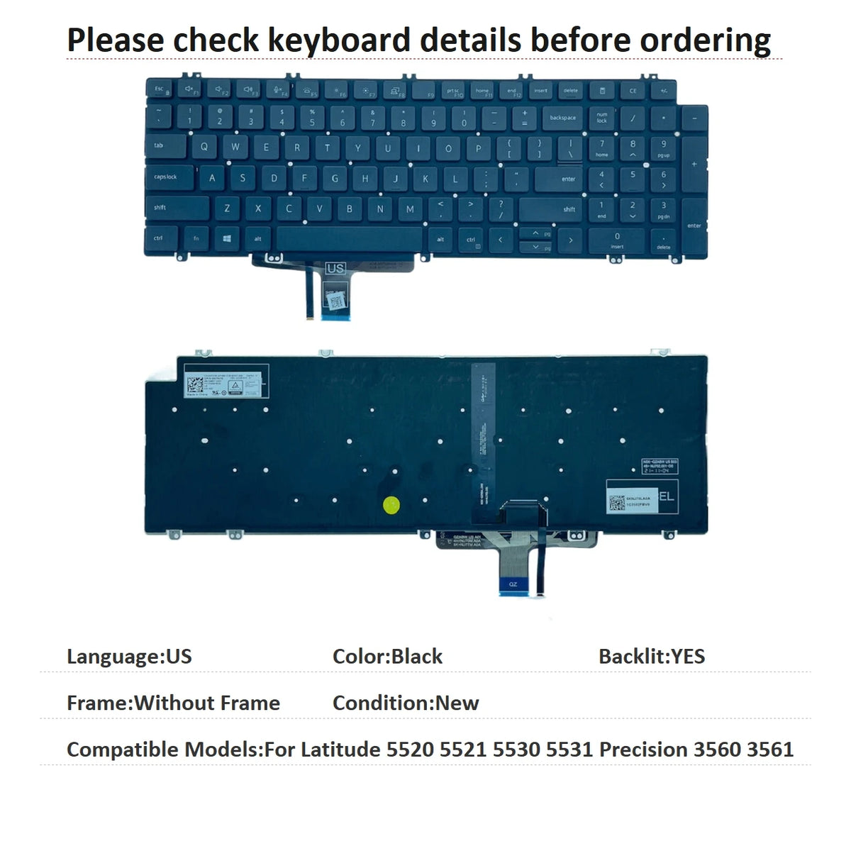 New US Spanish Language  Backlit Keyboard For Dell Latitude 5520 5521 5530 5531 Precision 3560 3561 Replacement KeyboardDell laptop repair parts