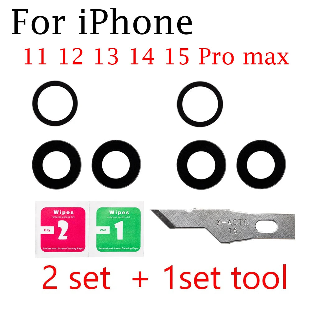 2set For iPhone 13 Pro Max 12 11 14 ProMax Mini XR XS XSMax  Back Rear camera Glass lens with sticker adhesive Replacement iPhone phone repair parts