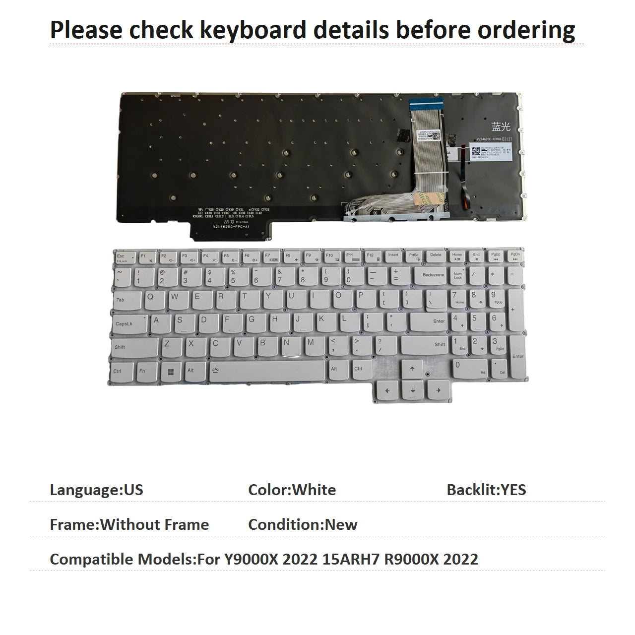 New US Russian Spanish Language  RGB Keyboard For Lenovo Y9000X 2022 15ARH7 R9000X 2022 Notebook PC Replacement Keyboard Lenovo laptop repair parts